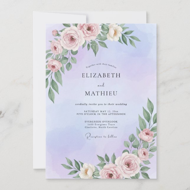 Invitación Boda de peonía pintada de lavanda (Anverso)