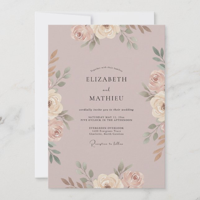 Invitación Boda de Peonía Pintada de Malva (Anverso)