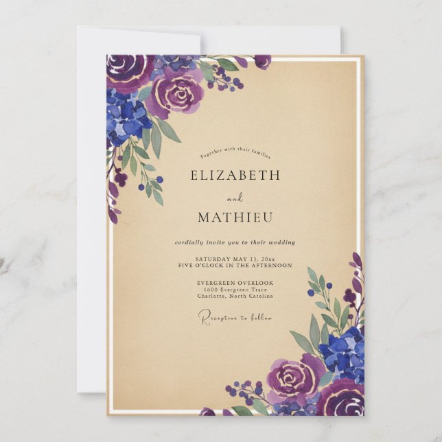 Invitación Boda de peonía pintada de violeta (Anverso)
