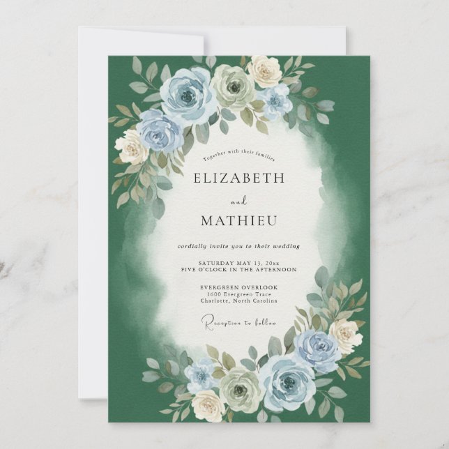 Invitación Boda de Peonía Pizarra Esmeralda (Anverso)