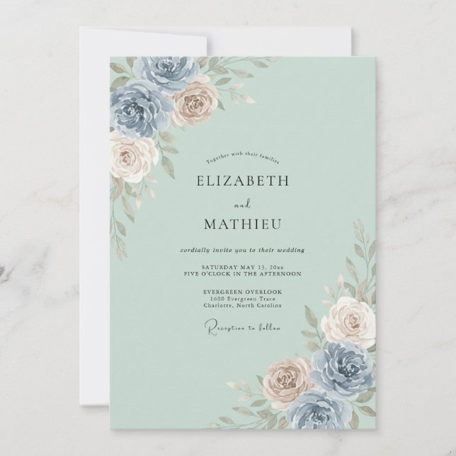 Invitación Boda de peonía pizarra espuma de mar (Anverso)