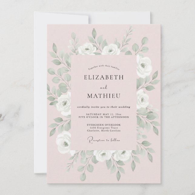 Invitación Boda de peonía plateada con rubor (Anverso)
