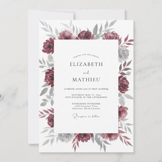 Invitación Boda de peonía plateada de baya (Anverso)