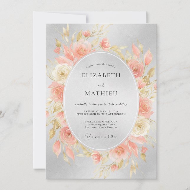 Invitación Boda de Peonía Plateada de Coral (Anverso)