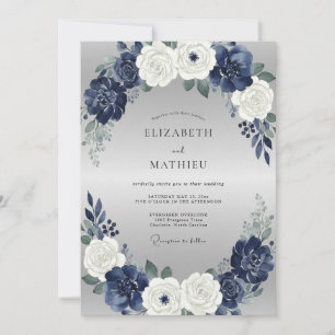 Invitación Boda de Peonía Plateada Índigo