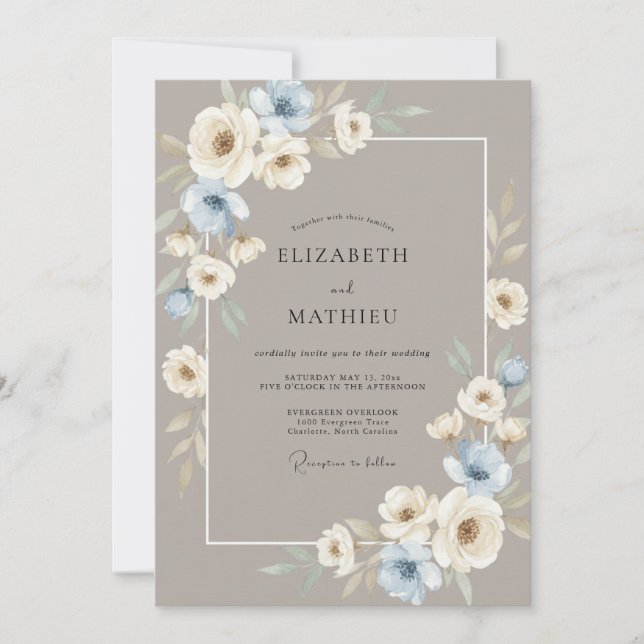 Invitación Boda de Peonía Plateada Taupe (Anverso)