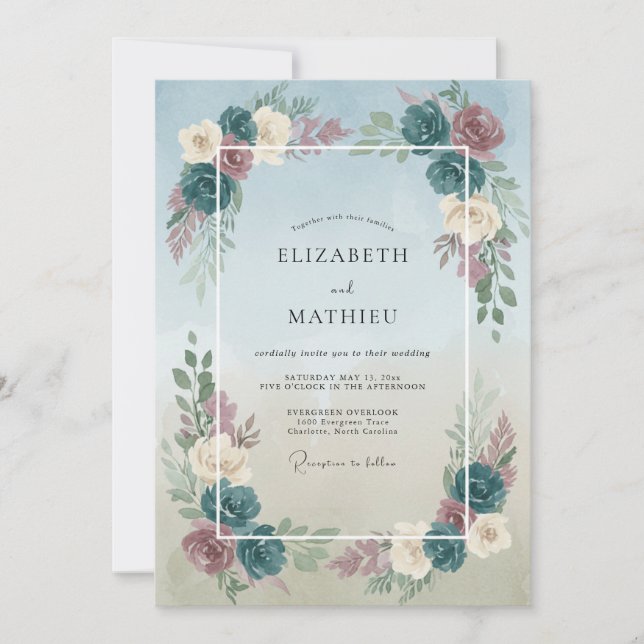 Invitación Boda de Peonía Plum Powder (Anverso)