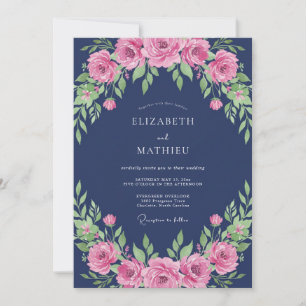 Invitación Boda de peonía poética azul marino