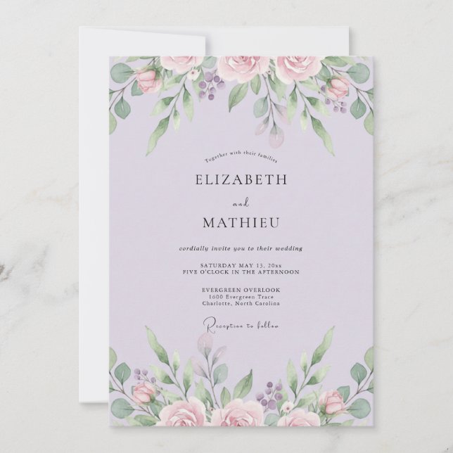 Invitación Boda de Peonía Polvorienta Lila (Anverso)