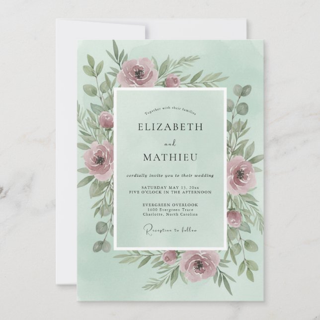 Invitación Boda de peonía polvorienta rosa menta (Anverso)