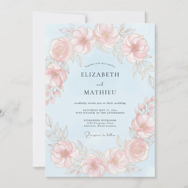 Invitación Boda de peonía pulida azul claro (Anverso)
