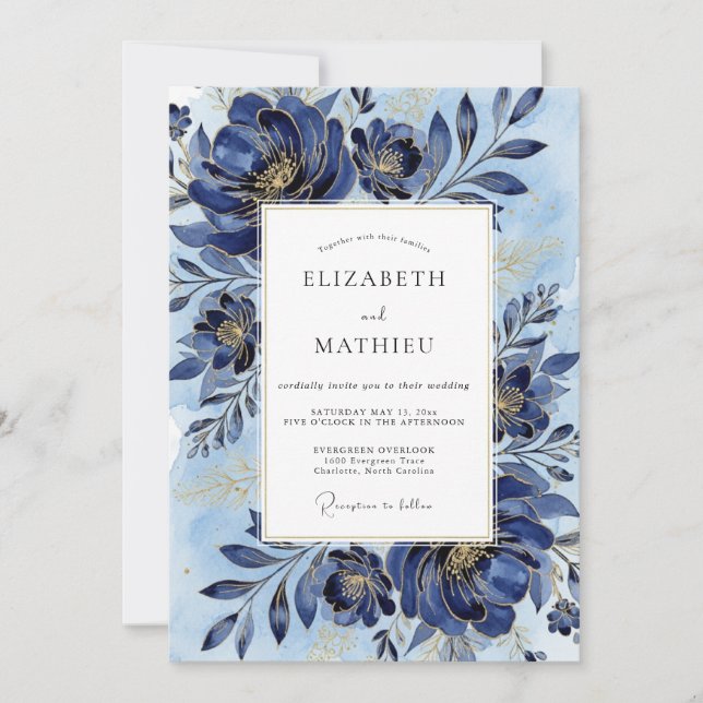 Invitación Boda de Peonía Regal Indigo (Anverso)