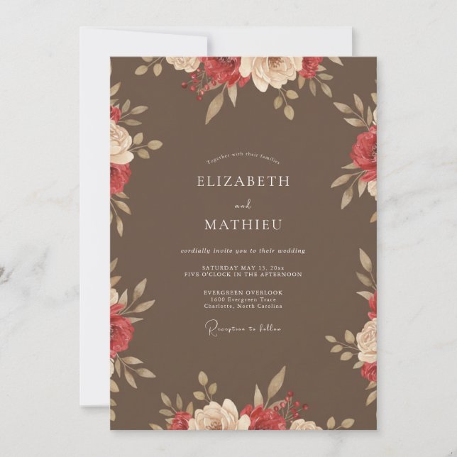 Invitación Boda de peonía roja taupe (Anverso)