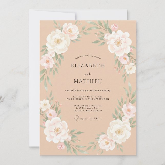 Invitación Boda de peonía romántica con champán (Anverso)