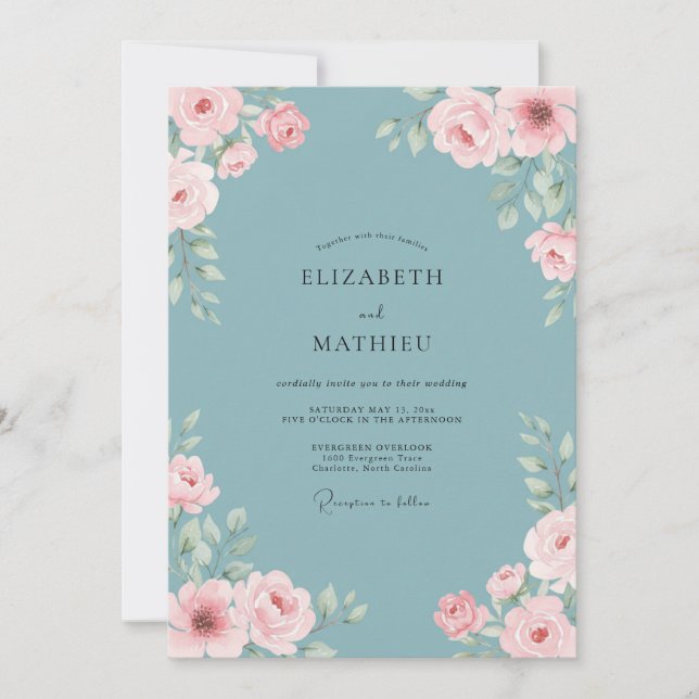 Invitación Boda de peonía rosa aciano (Anverso)