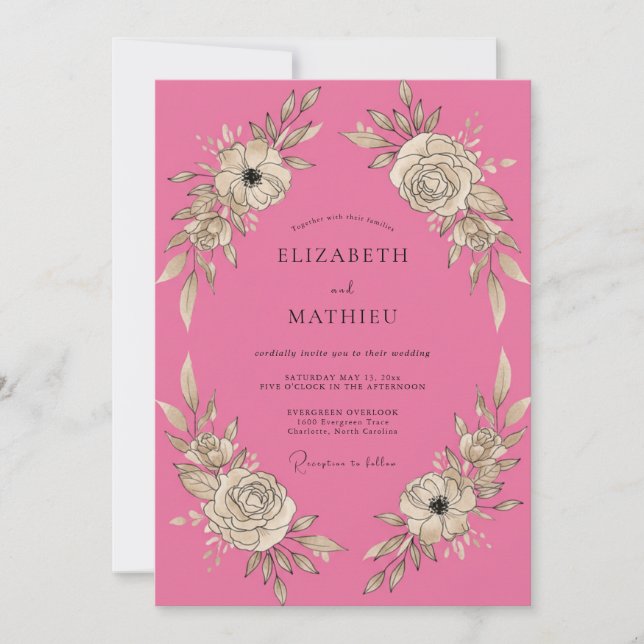 Invitación Boda de Peonía Rosa Caliente (Anverso)