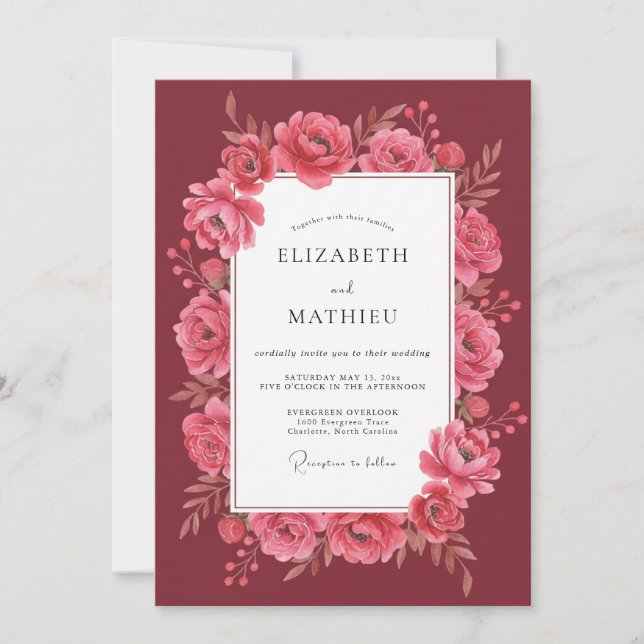 Invitación Boda de Peonía Rosa Carmesí (Anverso)