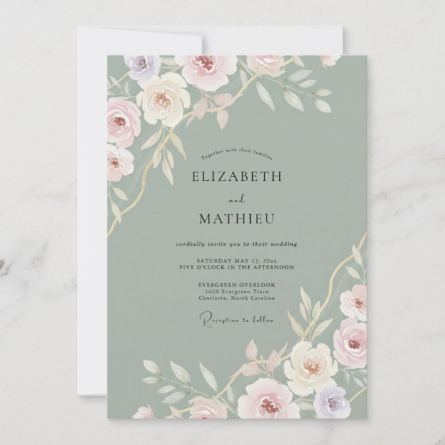 Invitación Boda de Peonía Rosa Celadón (Anverso)