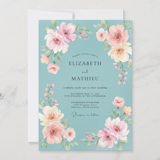 Invitación Boda de peonía rosa celeste (Anverso)