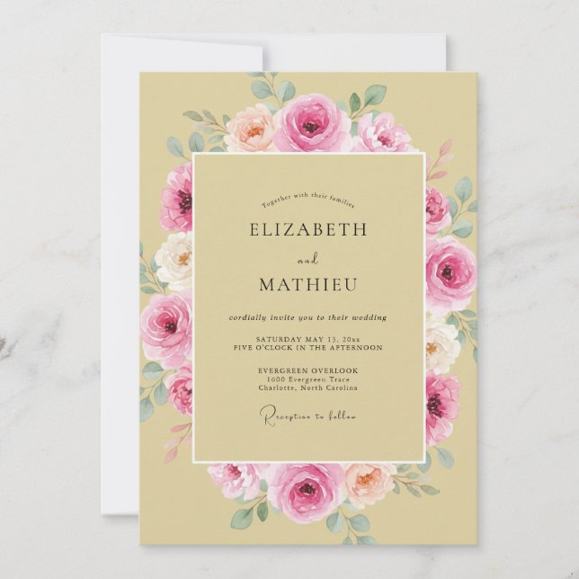 Invitación Boda de peonía rosa champán (Anverso)