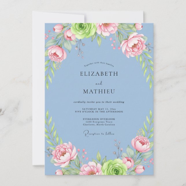 Invitación Boda de peonía rosa cielo (Anverso)