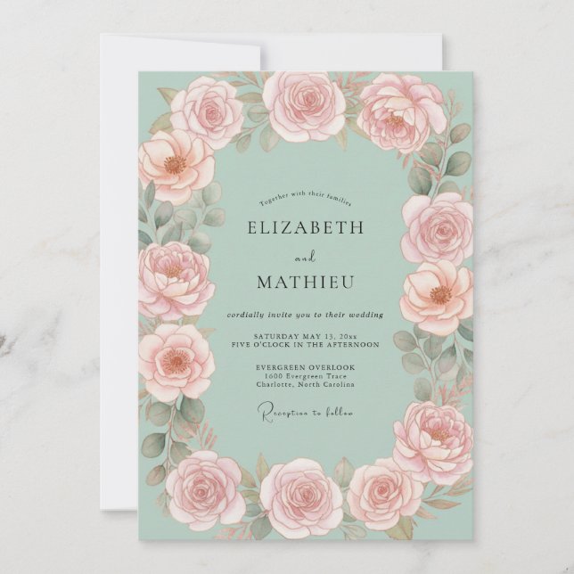 Invitación Boda de peonía rosa con espuma de mar (Anverso)
