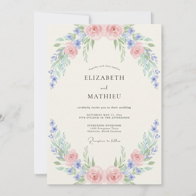 Invitación Boda de peonía rosa con tono rosa de aciano (Anverso)