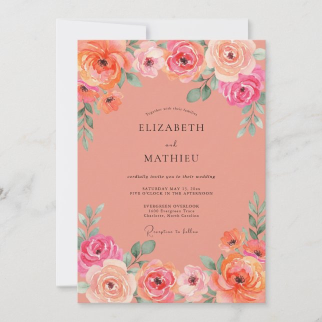 Invitación Boda de peonía rosa coral (Anverso)