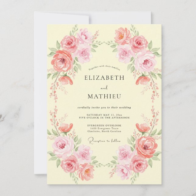 Invitación Boda de peonía rosa crema (Anverso)
