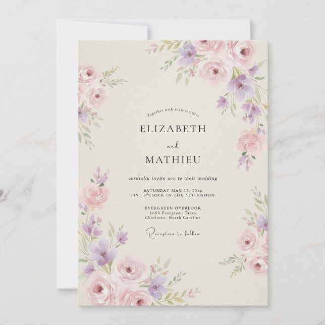 Invitación Boda de peonía rosa de pétalo de lila (Anverso)