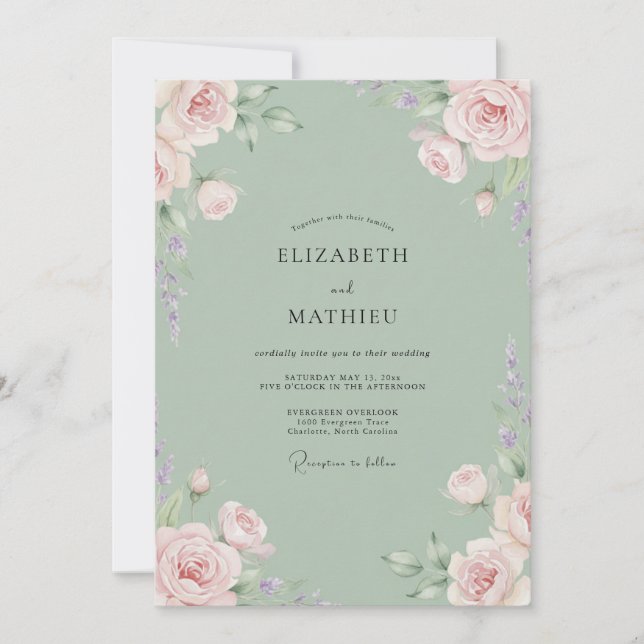 Invitación Boda de peonía rosa espuma de mar (Anverso)