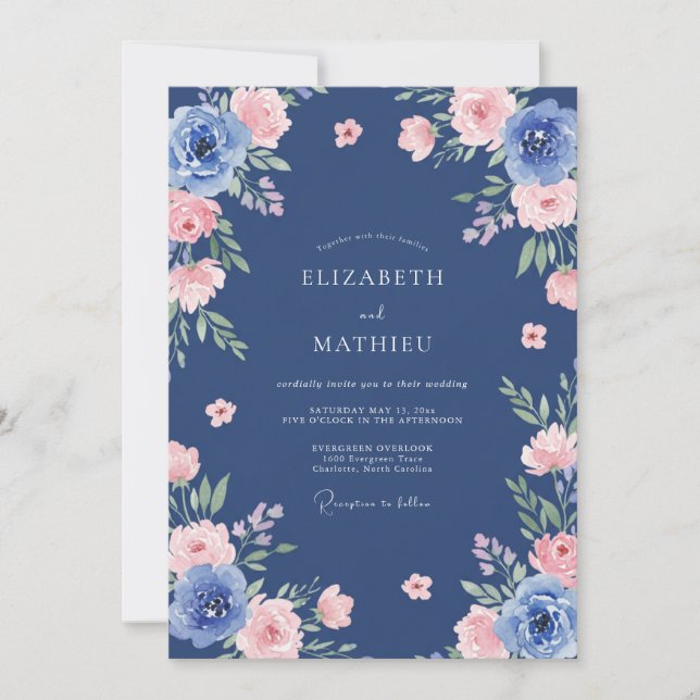 Invitación Boda de peonía rosa índigo (Anverso)