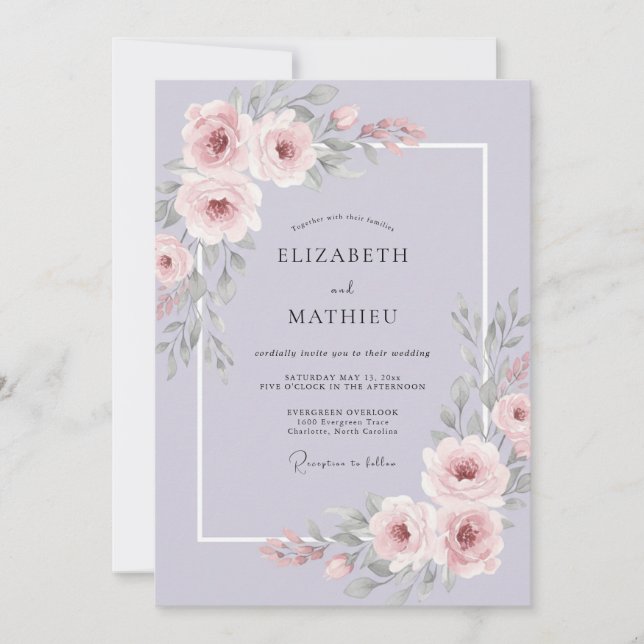 Invitación Boda de peonía rosa lila (Anverso)