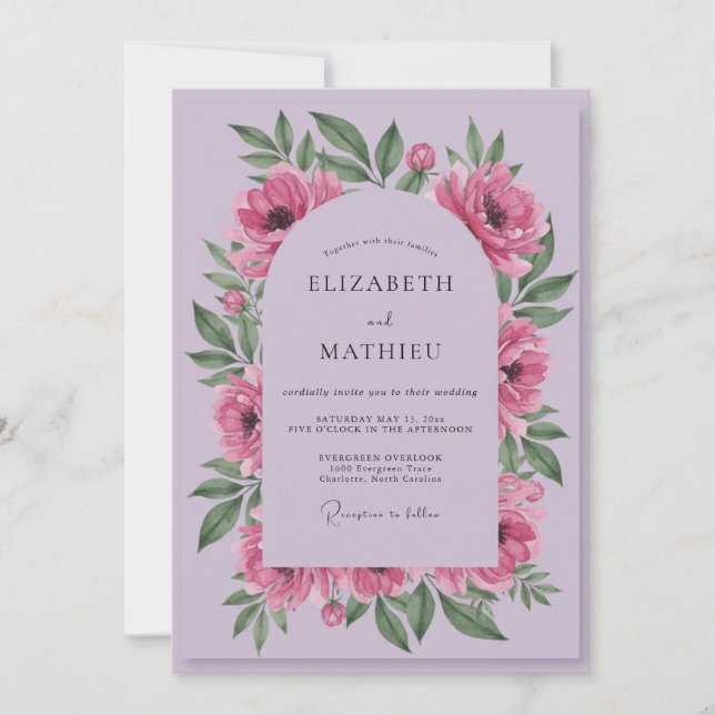 Invitación Boda de Peonía Rosa Lila (Anverso)
