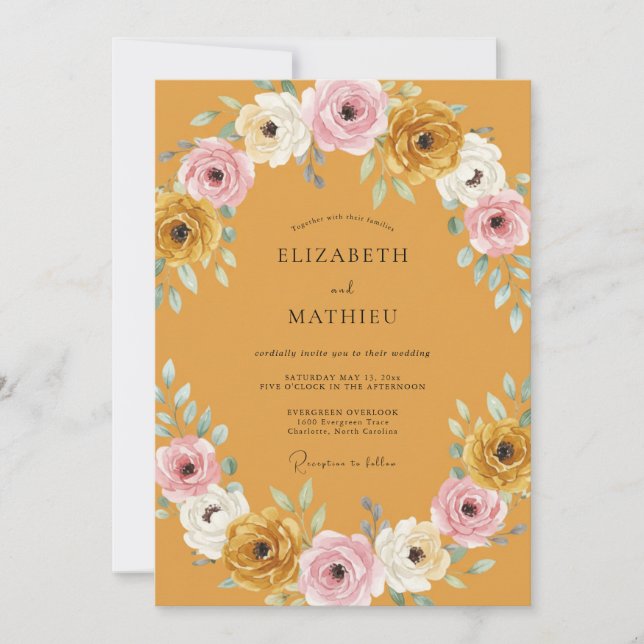Invitación Boda de peonía rosa mostaza (Anverso)