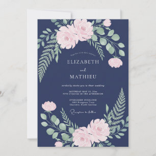 Invitación Boda de peonía rosa naval