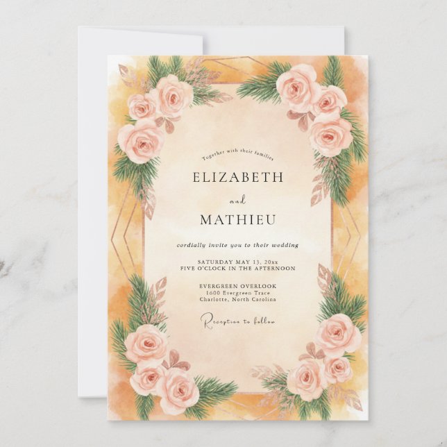 Invitación Boda de Peonía Rosa Ócre (Anverso)