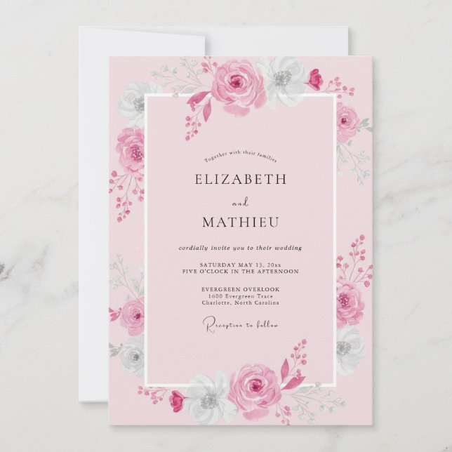 Invitación Boda de Peonía Rosa Pastel (Anverso)