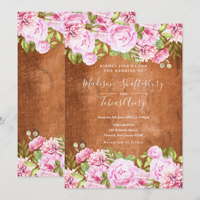 Invitación Boda de peonía rosa pastel con vegetación rústica (Anverso / Reverso)