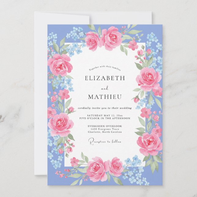 Invitación Boda de peonía rosa pervinca (Anverso)