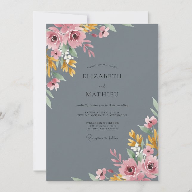 Invitación Boda de Peonía Rosa Pizarra (Anverso)