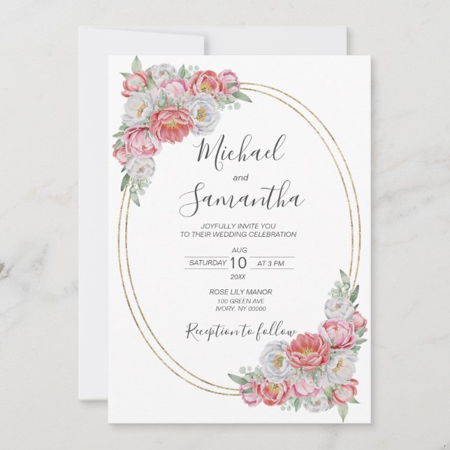 Invitación Boda de Peonía Rosa y Blanca (Anverso)
