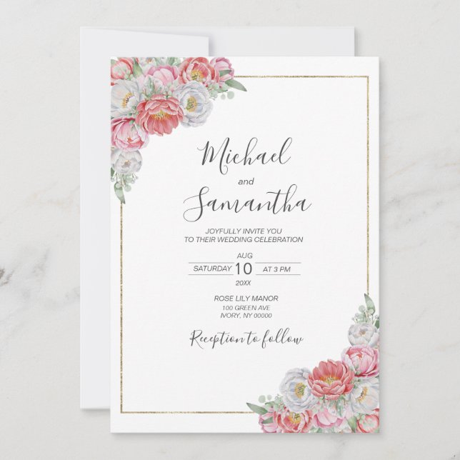 Invitación Boda de Peonía Rosa y Blanca (Anverso)