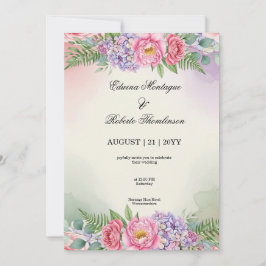 Invitación Boda de peonía rosa y hortensia púrpura al acuarel