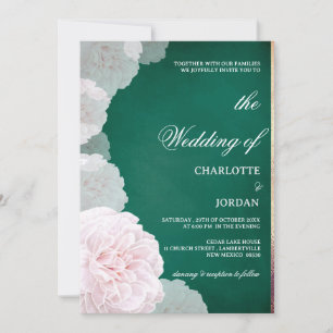 Invitación Boda de peonía rosa y verde esmeralda