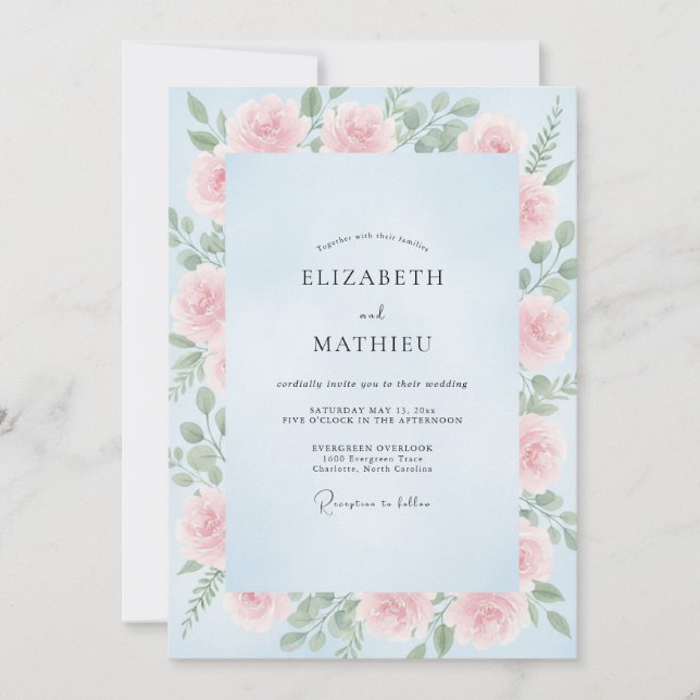 Invitación Boda de peonía rosada celeste (Anverso)