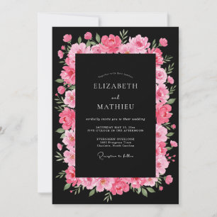 Invitación Boda de peonía sofisticada negra