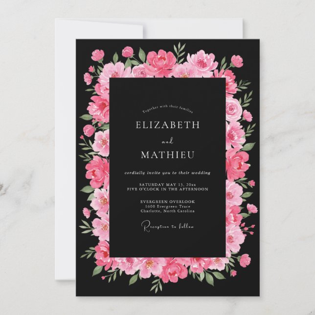 Invitación Boda de peonía sofisticada negra (Anverso)