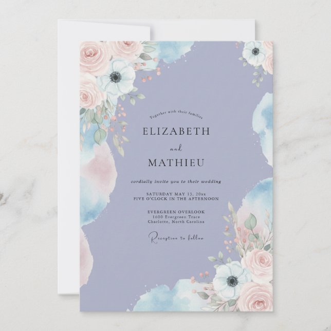 Invitación Boda de peonía suave con toque de pervinca (Anverso)