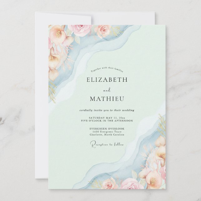 Invitación Boda de peonía suave espuma de mar (Anverso)